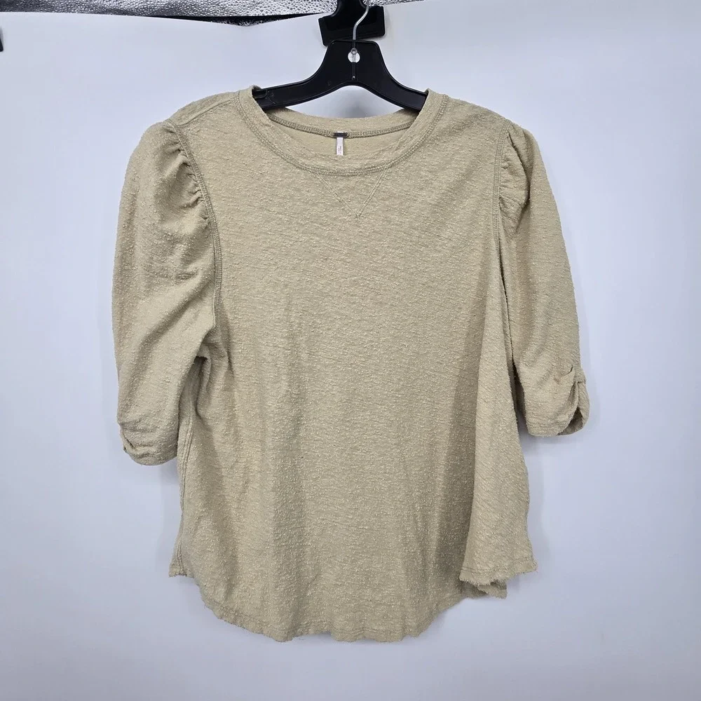 Free People Just A Puff Top Women's SM Beige Nubby Linen Cotton Natural Neutral‎